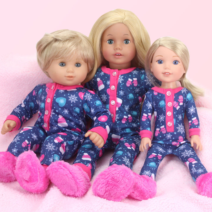 Sophia’s Hot Cocoa Print Long-Sleeved Winter Pajama Onesie with Matching Fuzzy Slippers Sleep Set for 15” Baby Dolls, Navy/Hot Pink