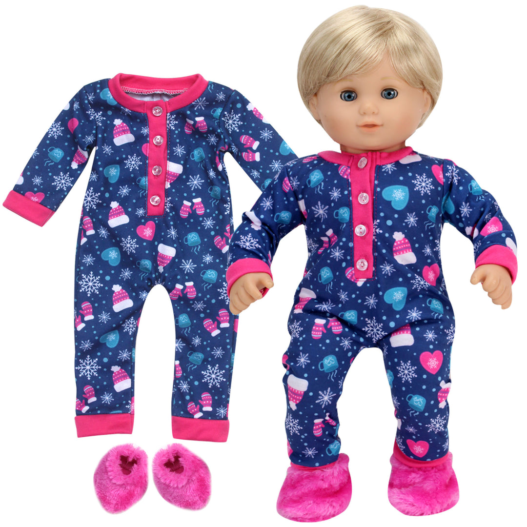 Sophia’s Hot Cocoa Print Long-Sleeved Winter Pajama Onesie with Matching Fuzzy Slippers Sleep Set for 15” Baby Dolls, Navy/Hot Pink