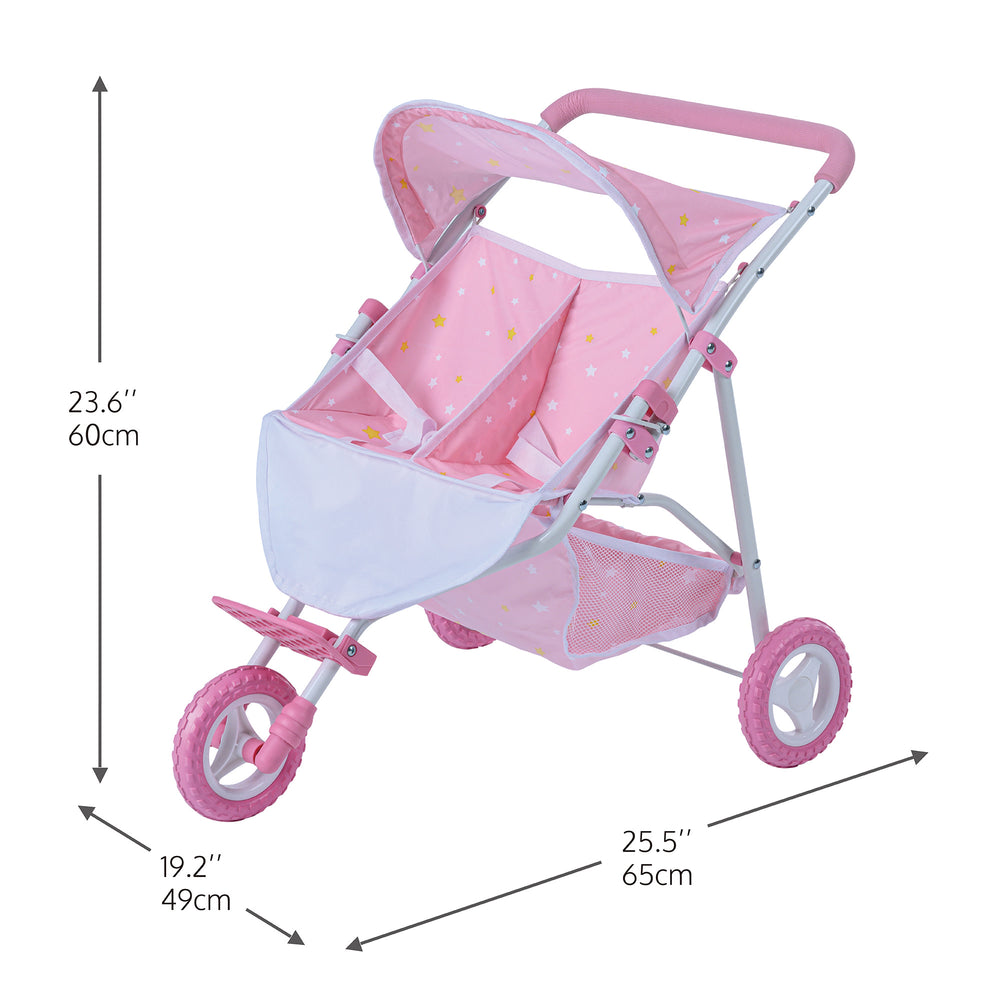 Olivia's Little World Twinkle Stars Princess Twin Baby Doll Stroller, Pink & White