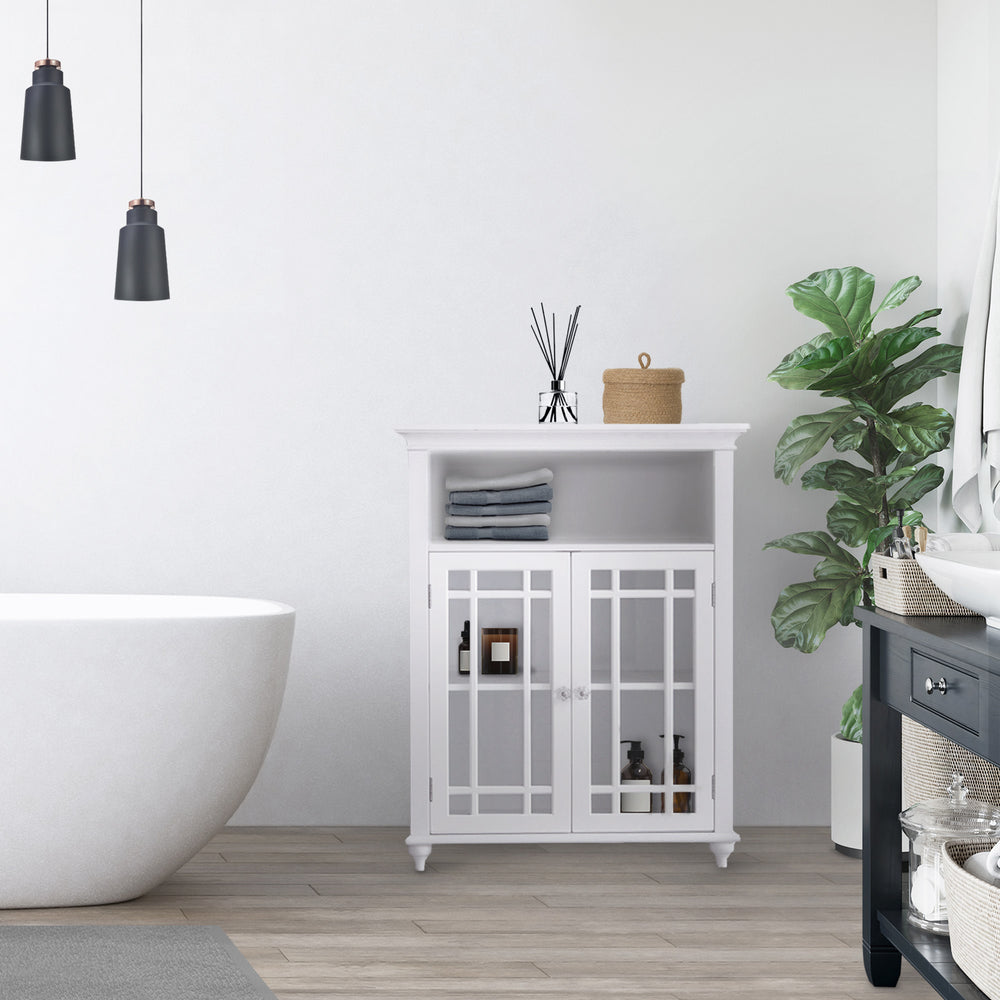 A bathroom with a Teamson Home Craftsman Style Double Door Storage Floor Cabinet and a bathtub.