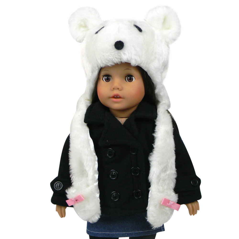 Sophia’s Cute Animal Friend Polar Bear Faux Fur Hat with Built-In Hand-Warming Pockets and Pink Bows for 18” Dolls, White