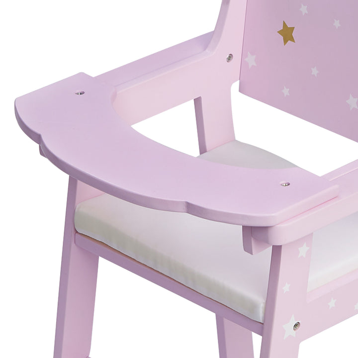 A close-up of the tray and seat, purple with white and gold stars.