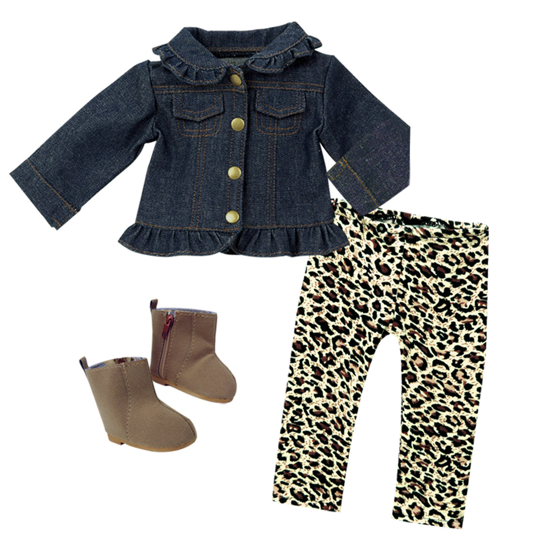 Denim ruffled Jacket, Leopard-print Leggings, and Boots for 18" Dolls