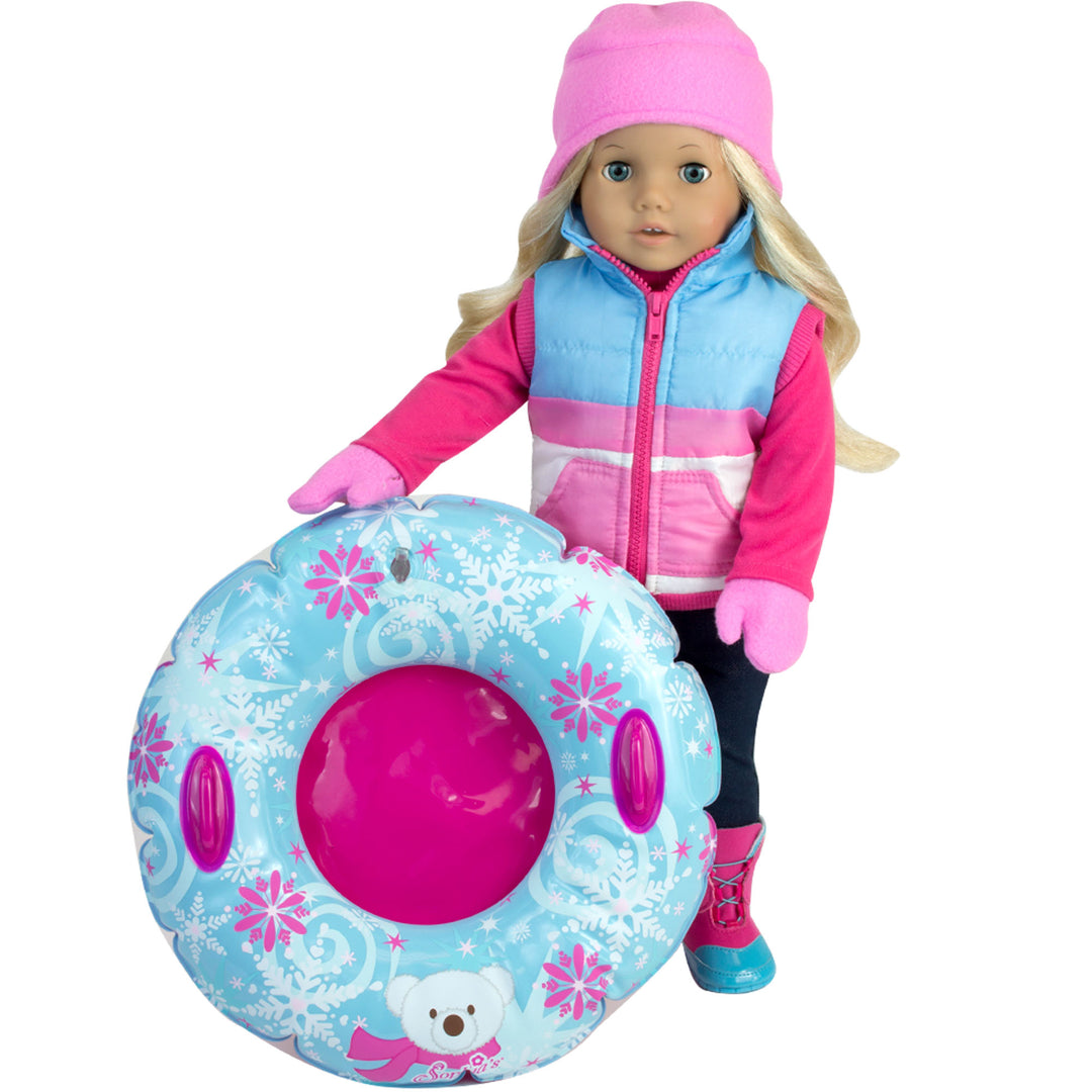 Sophia's Winter Snowflake Print Inflatable Snow Tube for 18" Dolls, Light Blue/Hot Pink