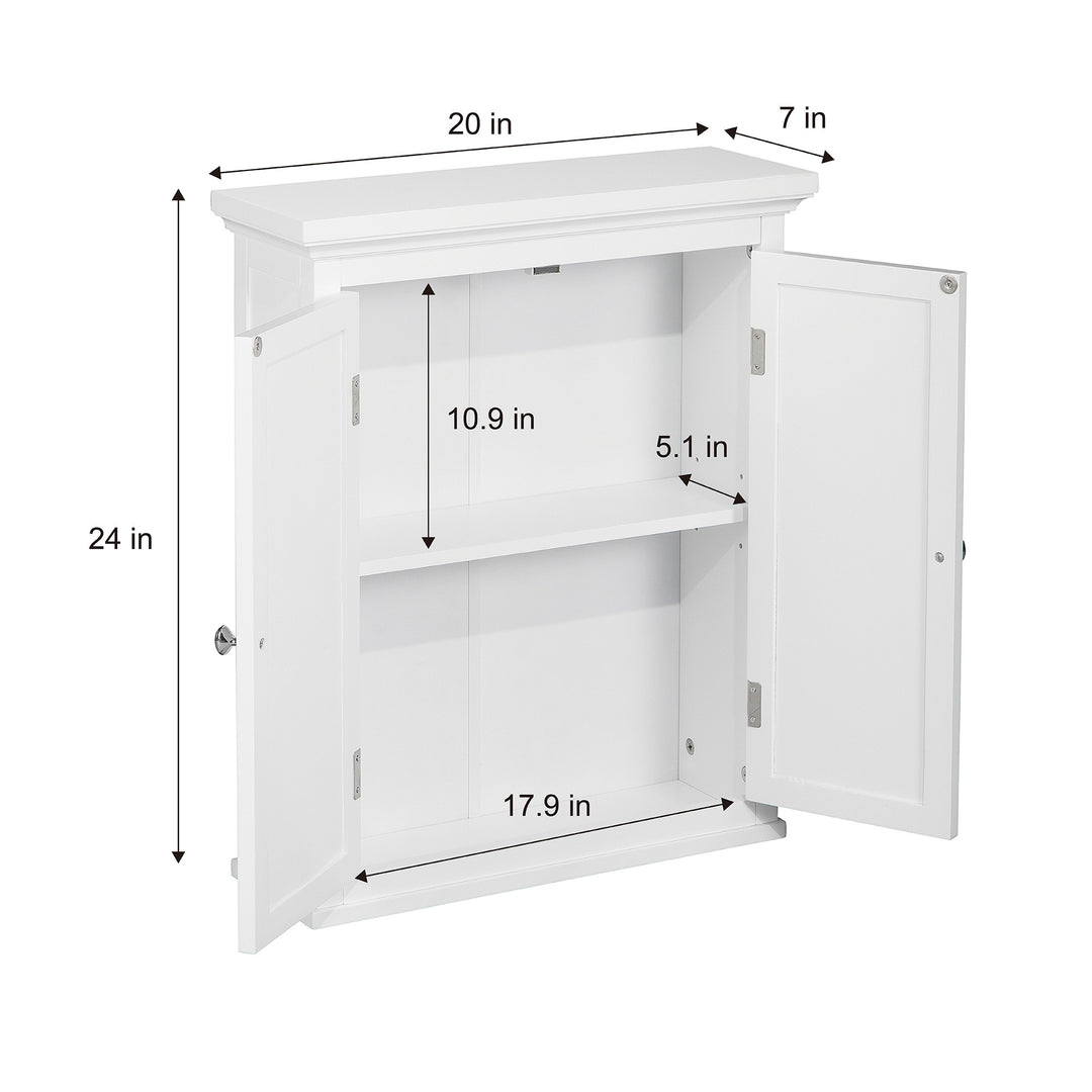 Teamson Home White Glancy Wall Cabinet with Louvered Doors with the dimensions in inches