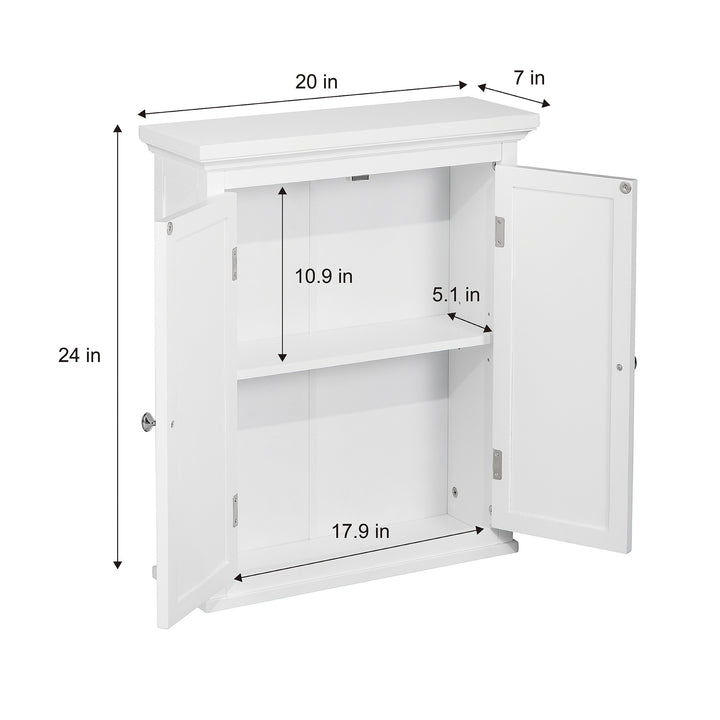 Teamson Home White Glancy Wall Cabinet with Louvered Doors with the dimensions in inches