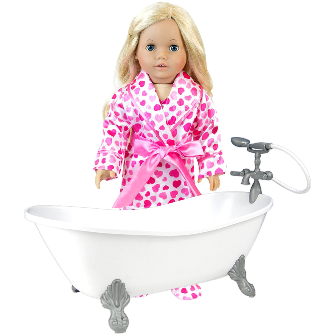 Sophia's 5 Piece Bathtub, Heart Print Robe, Pajamas and Slippers Set for 18" Dolls, Pink/White