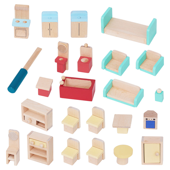 Olivia's Little World Buildable Wooden Dollhouse with 3.5" Doll People and Furniture, Tan/Sea Green