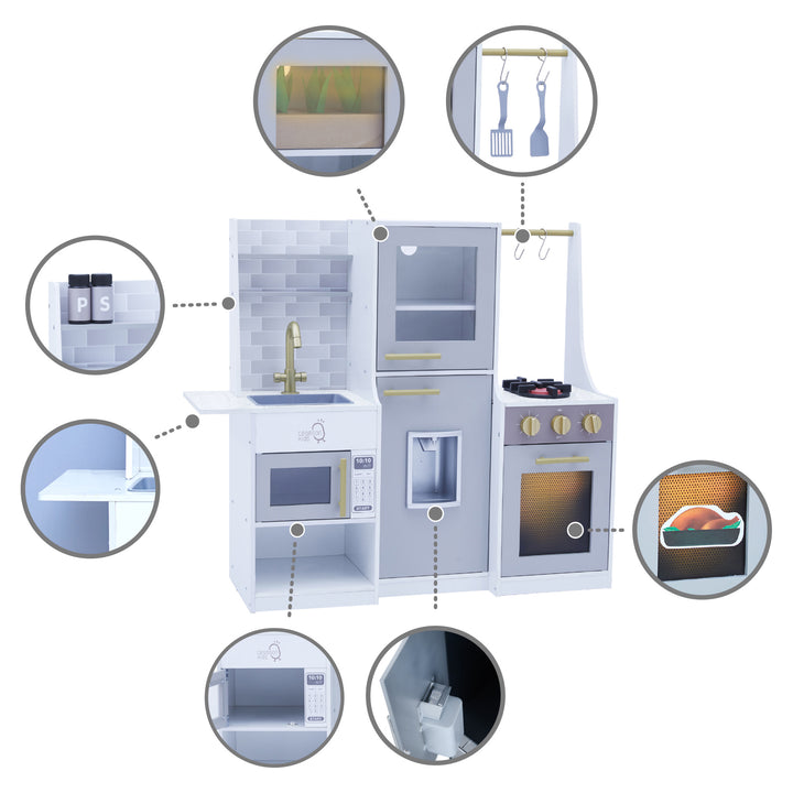 Inset images of detailed close ups of the features on theTeamson Kids Little Chef Lyon Complete Wooden Kitchen Set with Hydroponic Garden, Refrigerator and Accessories, Gray.