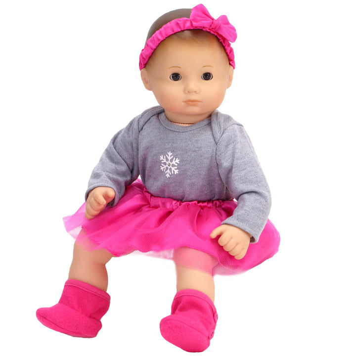 Sophia’s Winter Snowflake Onesie, Tutu Skirt, Bow Headband, & Fabric Booties Set for 15” Baby Dolls, Hot Pink/Gray