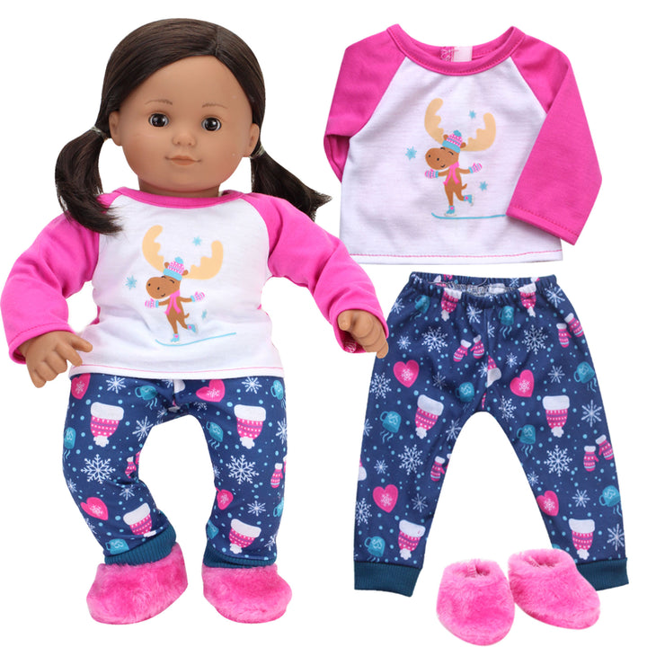 Sophia's Ice Skating Moose Graphic Tee, Winter Print Pajama Pants and Slippers for 15" Baby Dolls, Pink/Blue