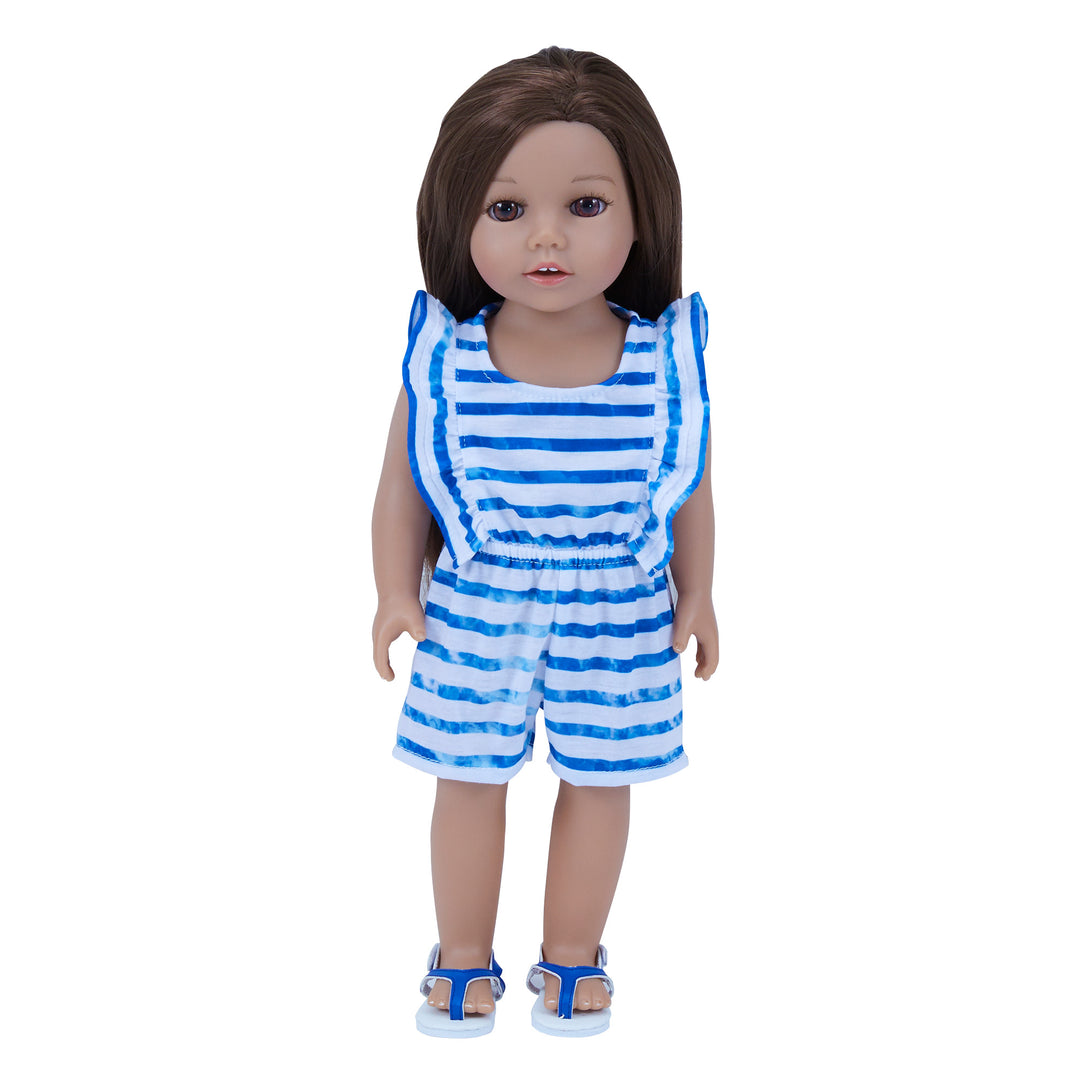 Sophia's Striped Ruffled Cap Romper and Sandals for 18" Dolls, Blue/White