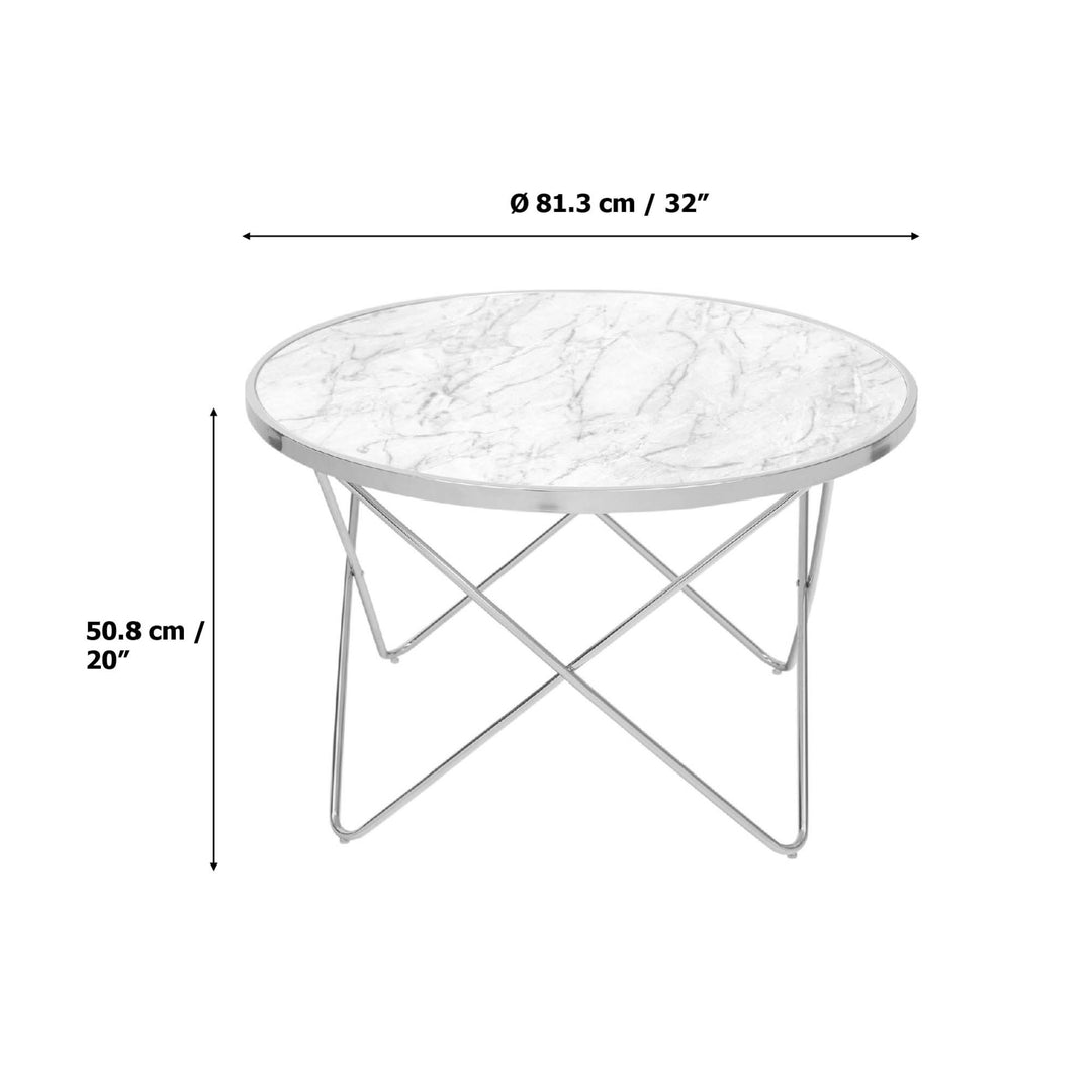 Dimensions in inches and centimeters for a Teamson Home Margo Small Round Faux White Carrara Marble coffee table with chrome legs.