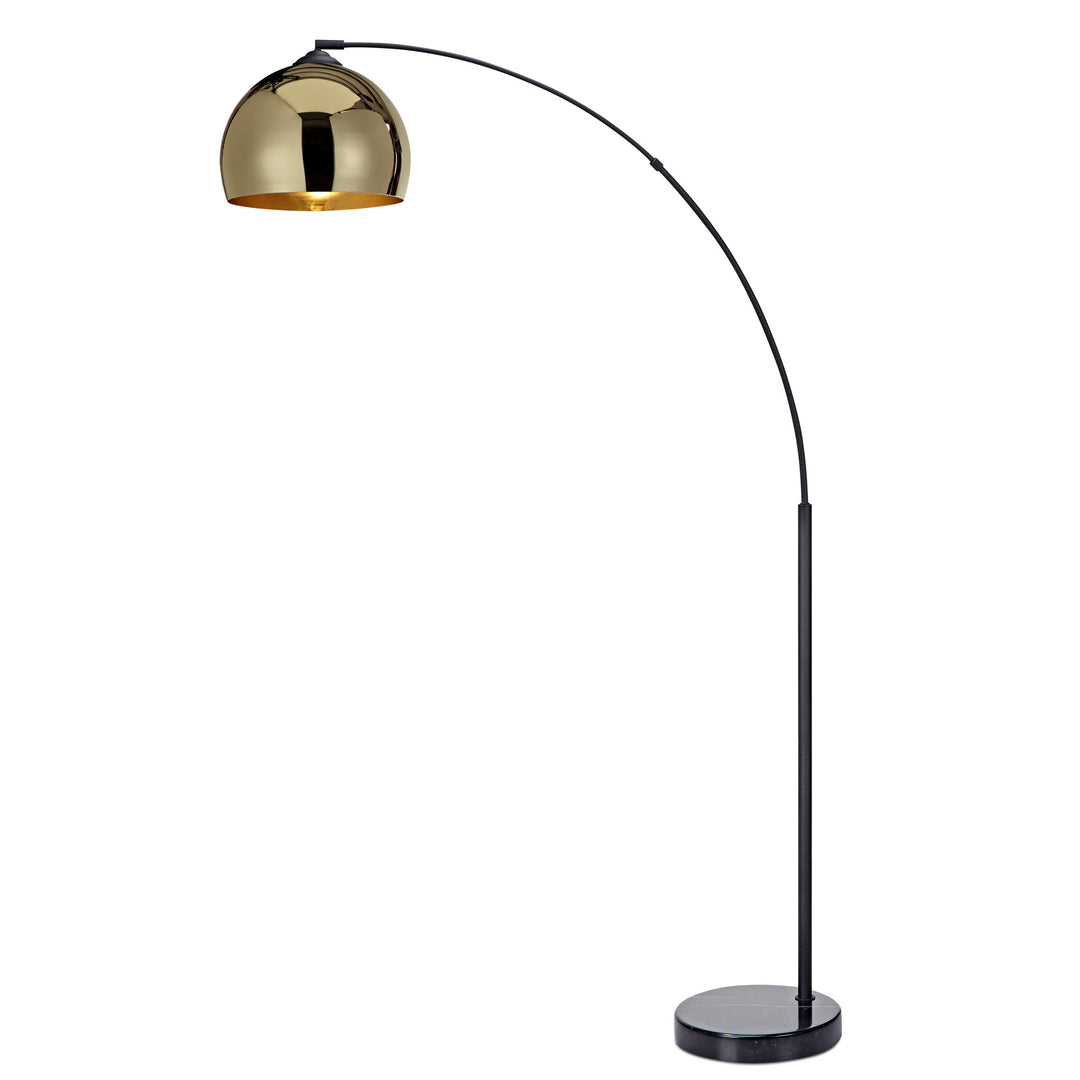 A Teamson Home Arquer Arc Metal Floor Lamp with Bell Shade, Gold on a black marble base.