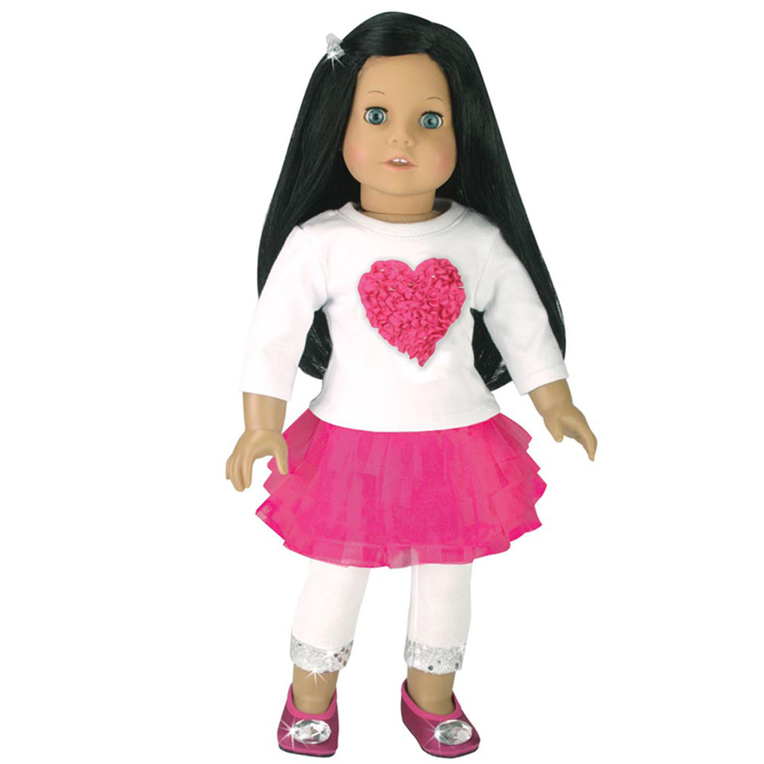 Sophia’s Long-Sleeved Heart Tee, Tutu Tulle Skirt, & Sequin-Trimmed Leggings Complete Outfit Set for 18” Dolls, Hot Pink/White