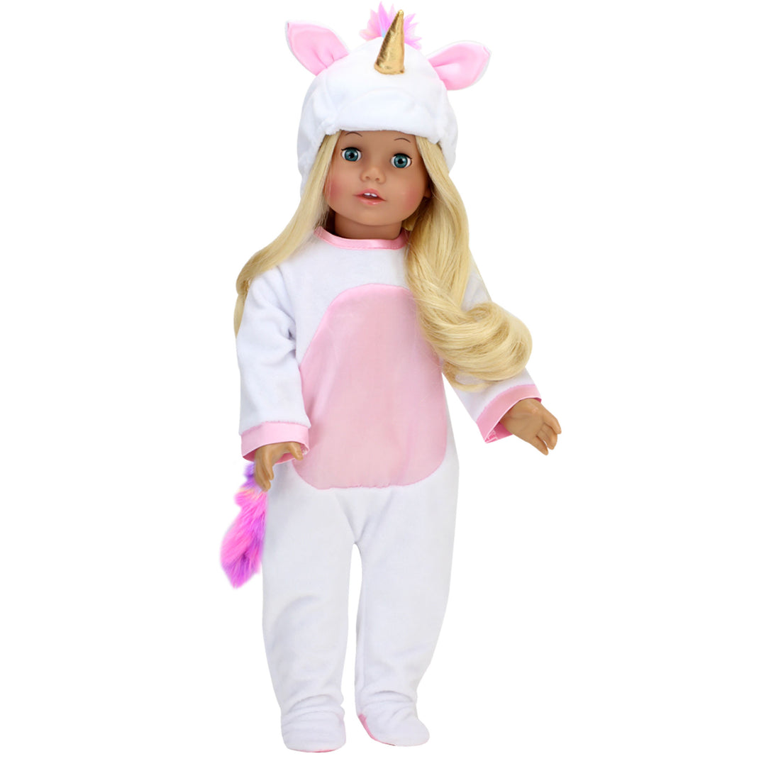 Sophia's Unicorn Costume and Hat with Rainbow Hair for 18" Dolls, White