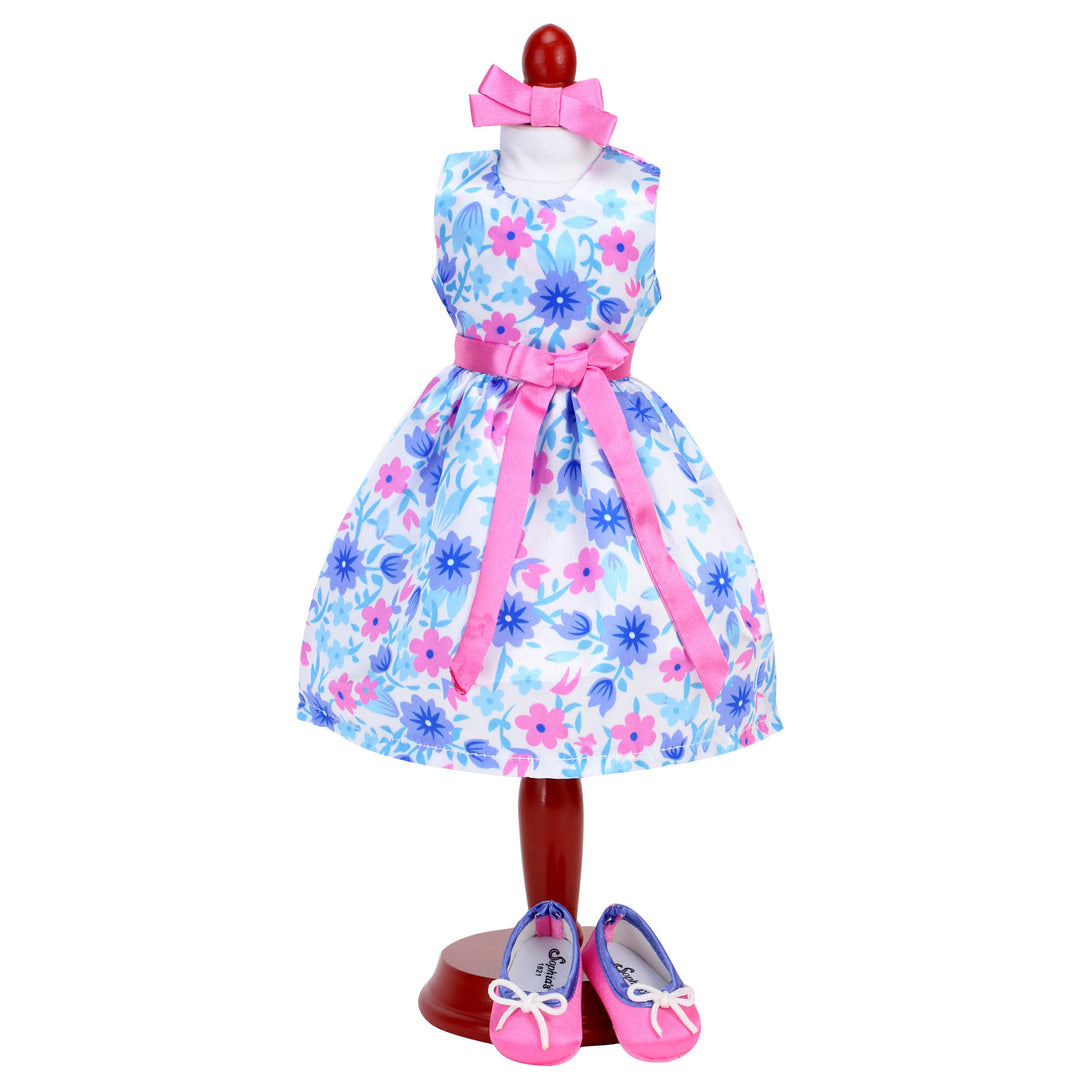 Sophia's - 14.5" Doll - Girl Satin Aqua Floral Print Party Dress, Hairbow & Ballet Flats - White