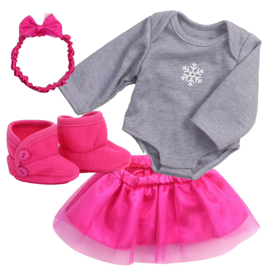 Sophia’s Winter Snowflake Onesie, Tutu Skirt, Bow Headband, & Fabric Booties Set for 15” Baby Dolls, Hot Pink/Gray