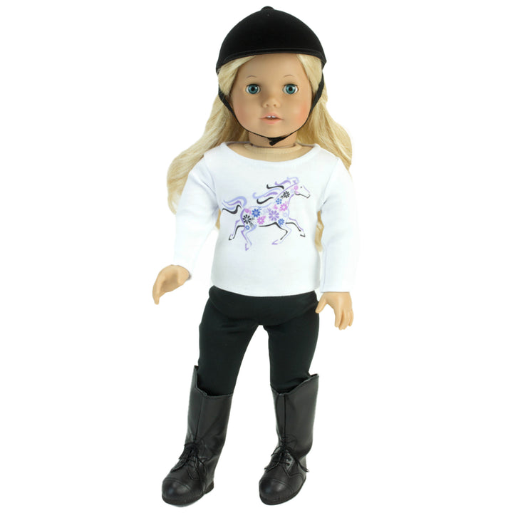 Sophia's - 18" Doll - Purple Horse T, Black Leggings, Black Riding Helmet & Black Riding Boots - White