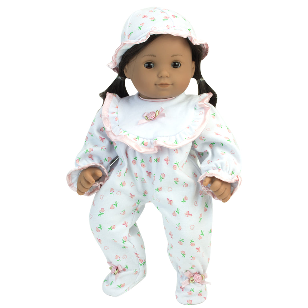 Sophia's - 15" Doll - Floral Print Sleeper, Bib, Hat & Diaper Complete Set - Light Pink