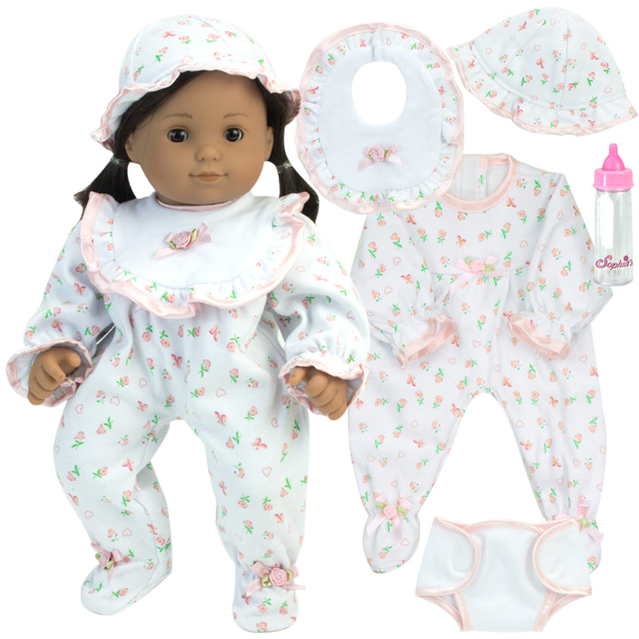 Sophia's - 15" Doll - Floral Print Sleeper, Bib, Hat & Diaper Complete Set - Light Pink