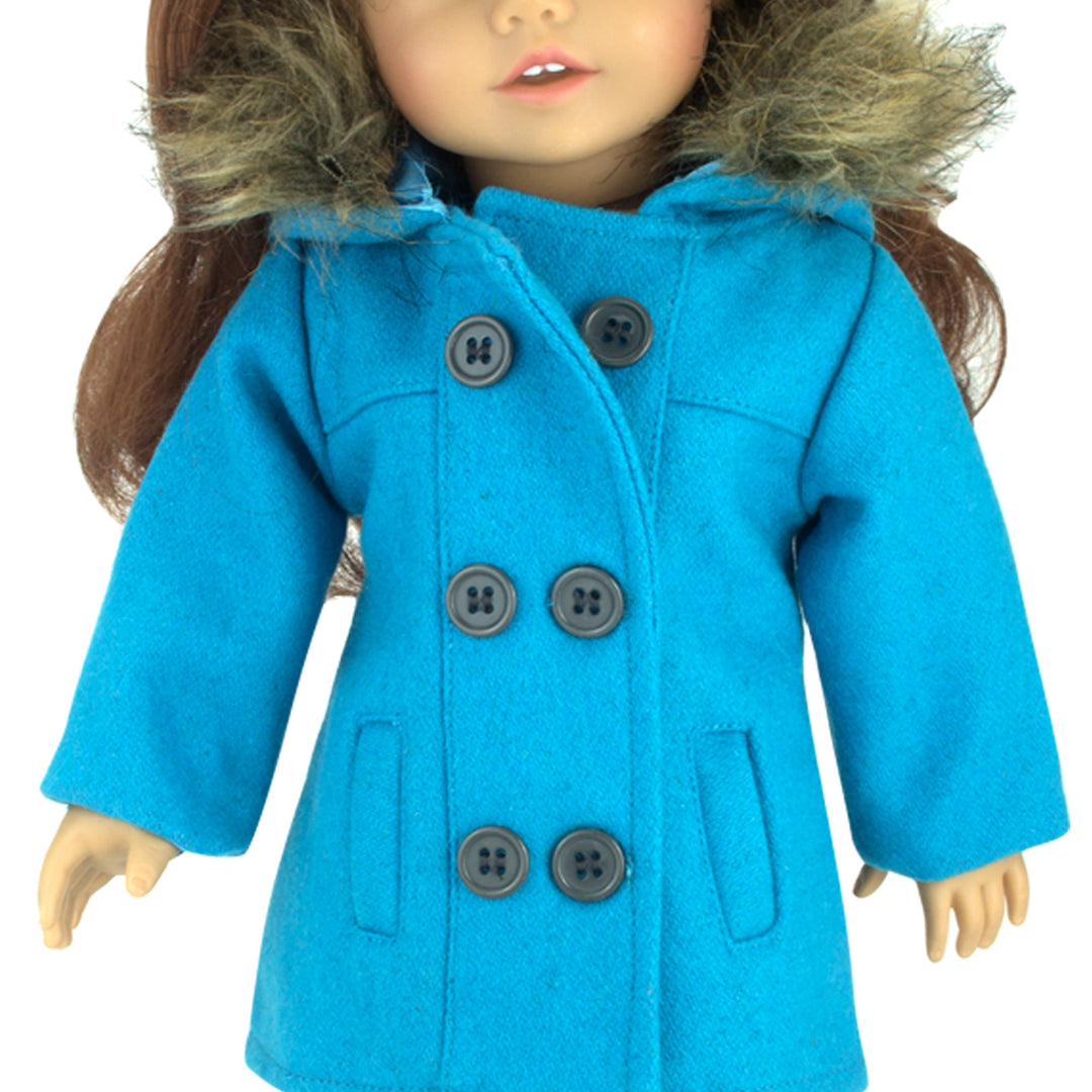 Sophia's 3 Piece Winter Set Includes faux fur Trimmed Pea Coat, Animal Print Leggings and Boots for 18" Dolls, Turquoise/Brown