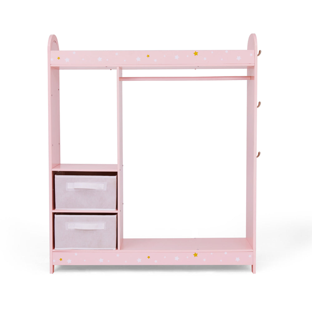 Fantasy Fields Kids Freestanding Jasmine Star Print Wooden Clothing Rack with Shelves and Storage Bins, Pink