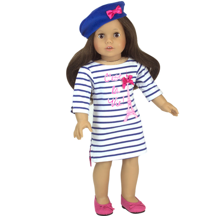 Sophia's 3 Piece Parisian Outfit with Eiffel Tower Dress, Beret Cap and Flats for 18" Dolls, Blue/Pink