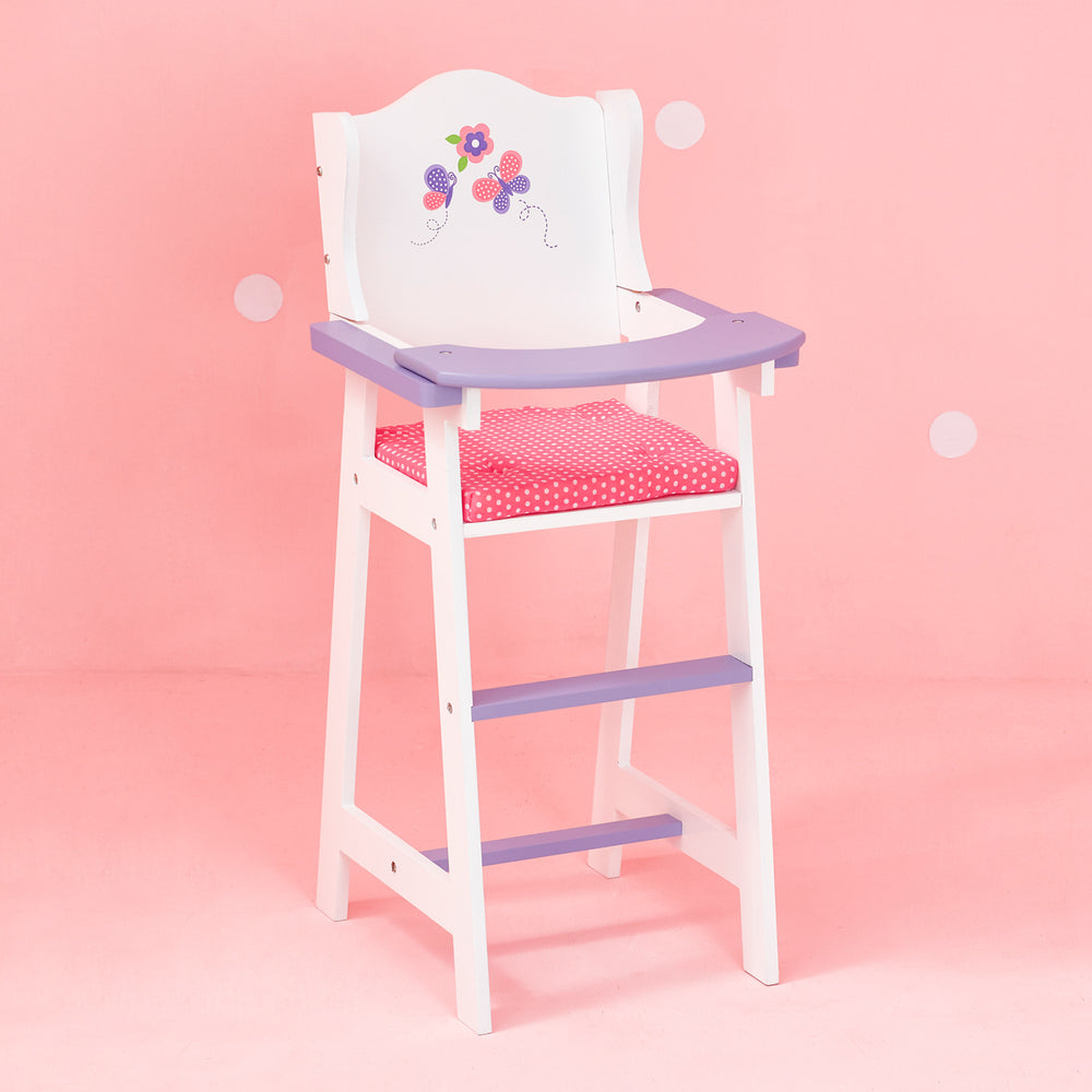 Pretend highchair for dolls, white with pink gingham cushion and purple tray