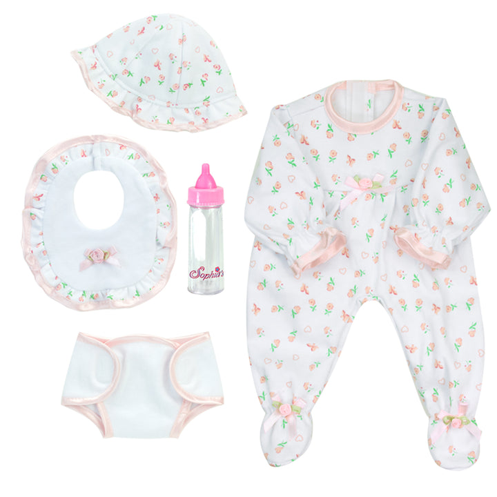 Sophia's - 15" Doll - Floral Print Sleeper, Bib, Hat & Diaper Complete Set - Light Pink