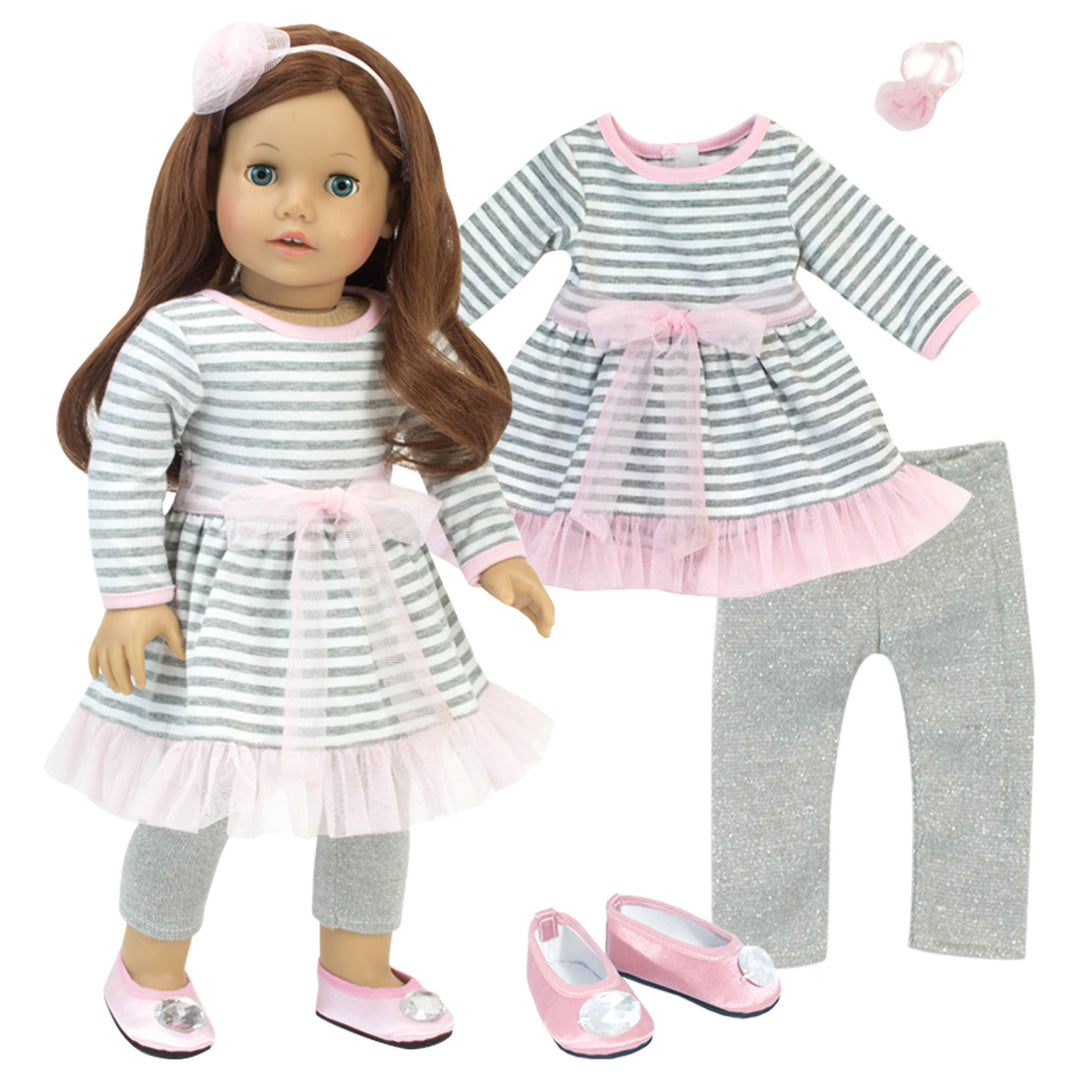 Sophia's Striped Dress, Leggings, Hair Accessory and Jeweled Shoes for 18" Dolls, Gray/Pink