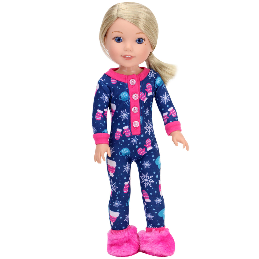 Sophia's One Piece Winter Pajamas and Slippers for 14.5" Dolls, Blue/Hot Pink