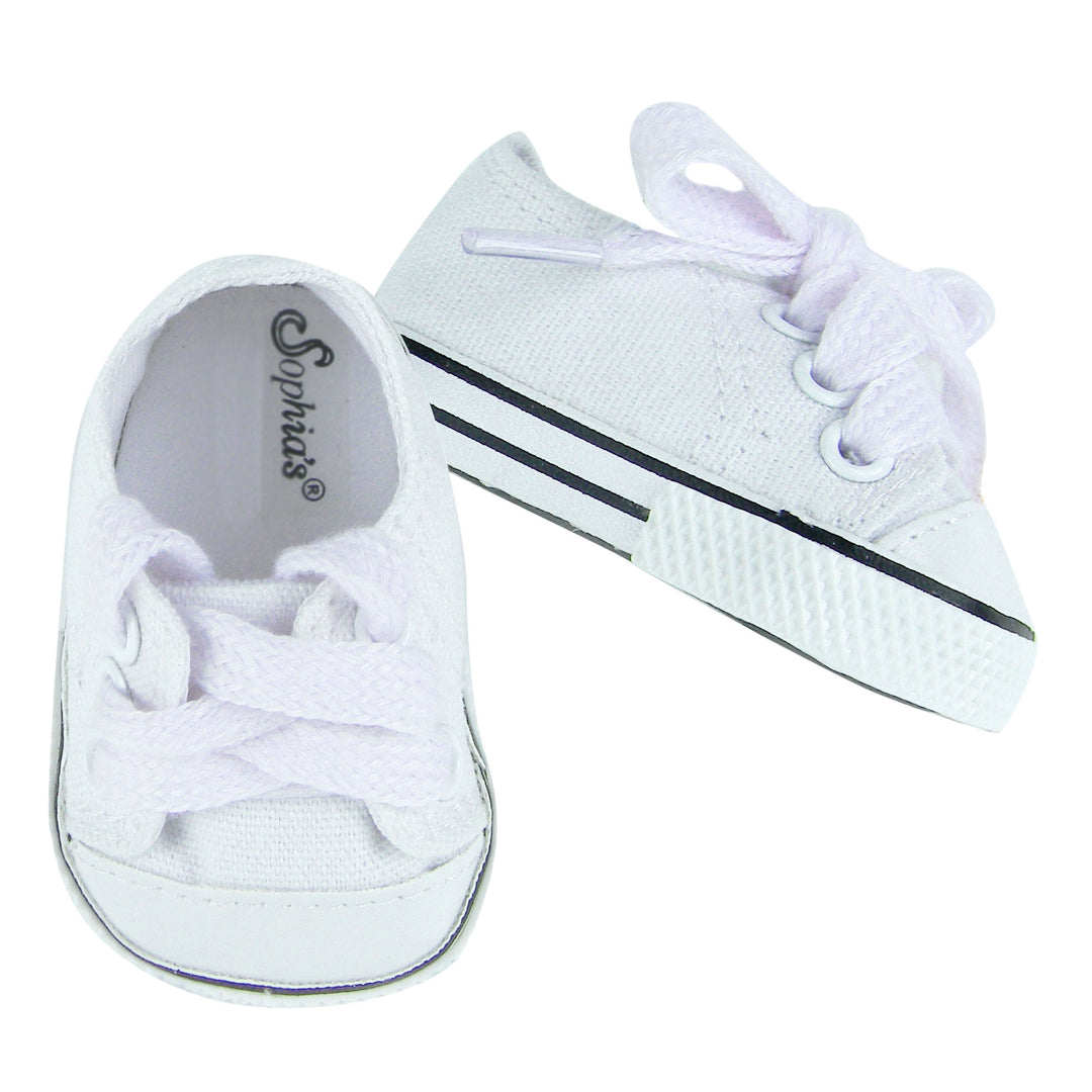 A pair of Sophia’s White Canvas Sneaker Shoes with Laces for 18" Dolls on a white background.