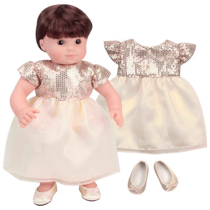 Sophia’s Holiday Special Occasion Sparkling Sequin Top Dress with Organza Skirt & Matching Ballet Flat Shoes for 15” Baby Dolls, Champagne Gold