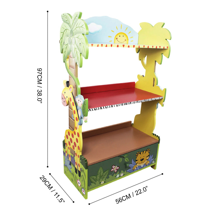 A Fantasy Fields Kids Painted Wooden Sunny Safari Bookshelf with giraffes and zebras.