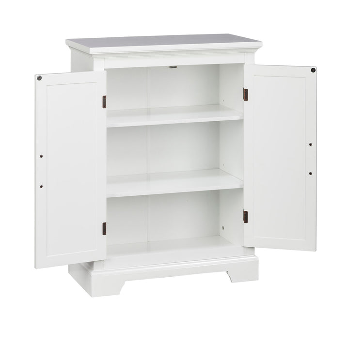 White Teamson Home St. James Two-Door Floor Cabinet with the cabinet doors open revealing the adjustable shelves inside