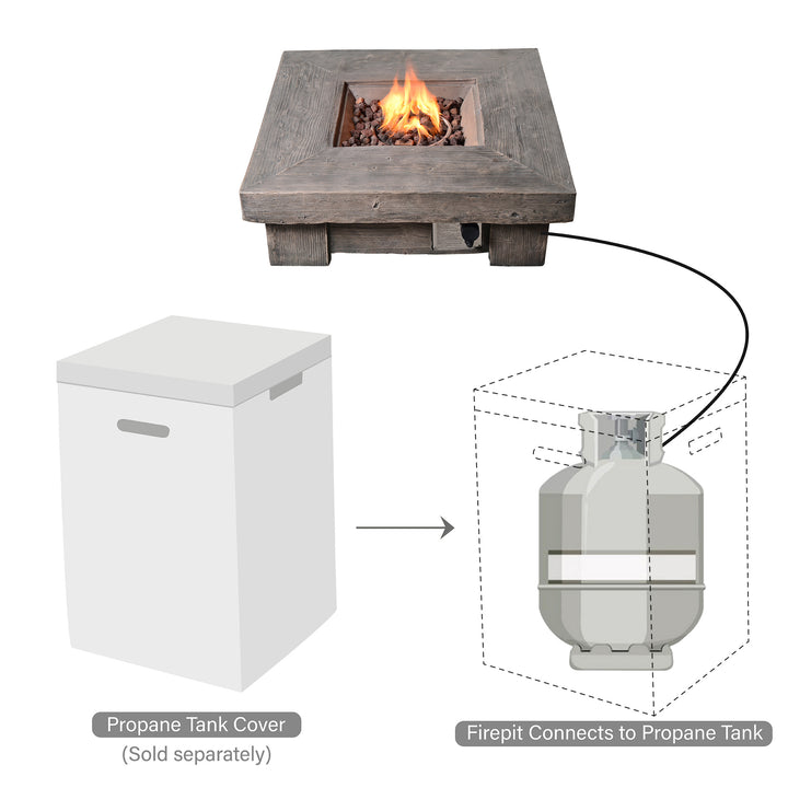 Teamson Home 35" Square Retro Wood Look Gas Fire Pit with separate tank cover and connection setup to a propane tank.