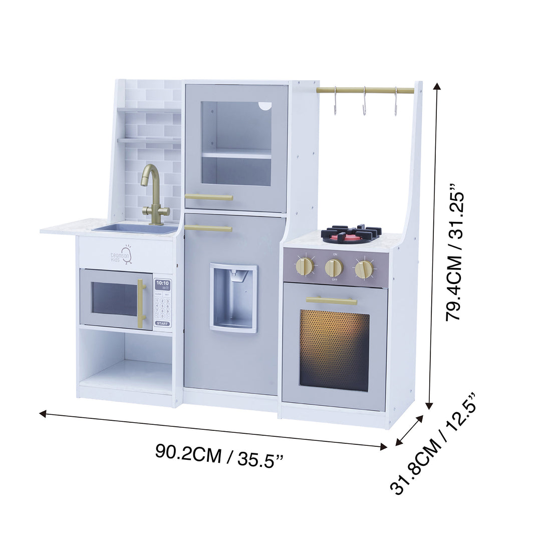 Teamson Kids Little Chef Lyon Complete Wooden Kitchen Set with Hydroponic Garden, Refrigerator and Accessories, Gray with dimensions in centimeters and inches.