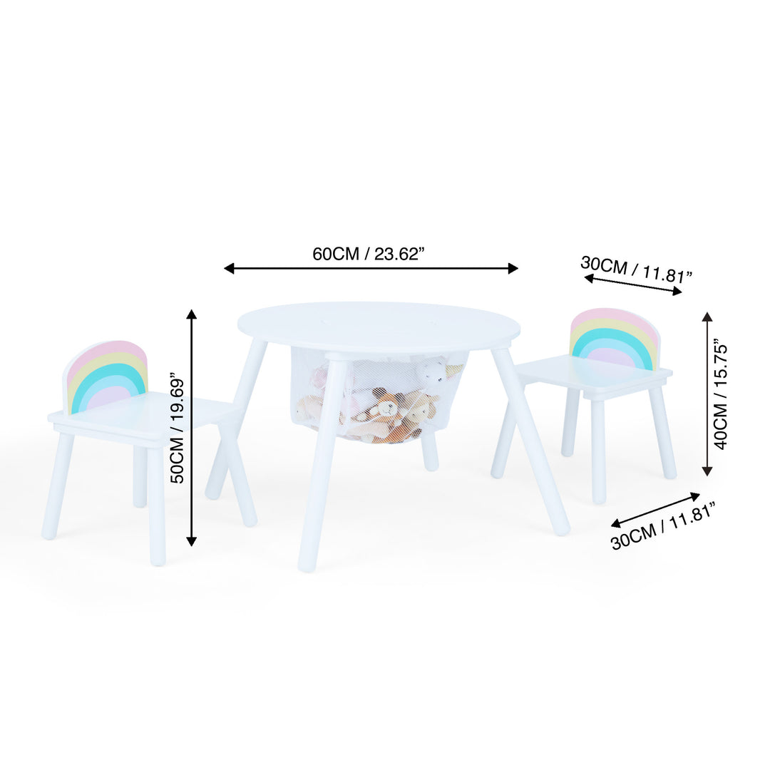 Fantasy Fields Kids Round Play Table with Center Mesh Storage and Two Rainbow Chairs, White