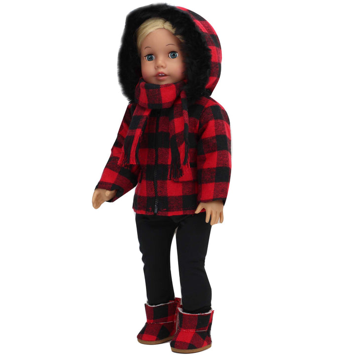 Sophia’s Gender-Neutral Mix & Match Buffalo Check faux fur-Trimmed Coat, Scarf, Leggings, & Boots Outfit Set for 18” Dolls, Black/Red