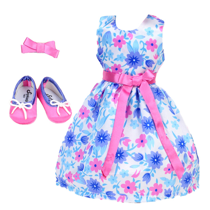 Sophia's - 14.5" Doll - Girl Satin Aqua Floral Print Party Dress, Hairbow & Ballet Flats - White