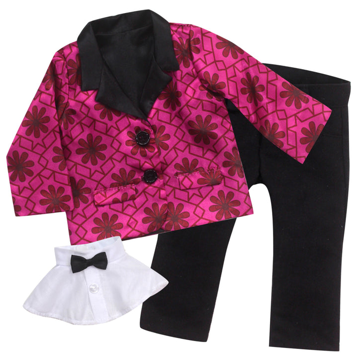 Sophia’s Geometric Floral Print Satin Blazer, White Dickie with Bow Tie, & Dress Pants Complete Outfit Set for 18” Dolls, Magenta/Black