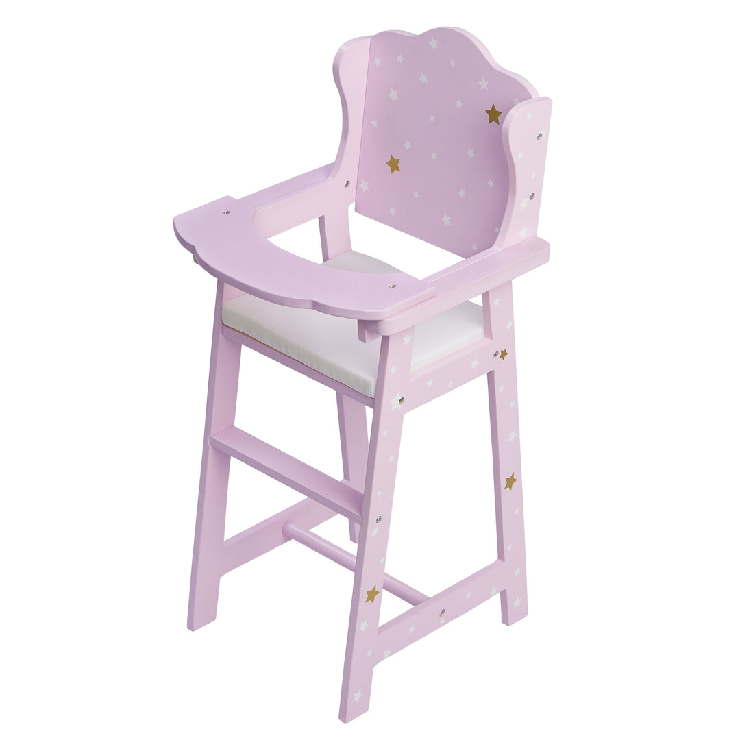 A baby doll high chair with a white cushion and a purple finish with white and gold stars.