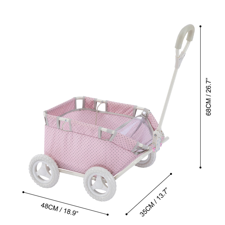 A pink and white Olivia's Little World Polka Dots Princess Baby Doll Wagon with dimensions in inches and centimeters.