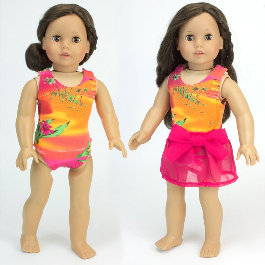 Sophia’s Seasonal One-Piece Sunset Design Bathing Suit & Sarong Cover-Up Skirt Summer Fun Outfit Set for 18” Dolls, Orange/Hot Pink