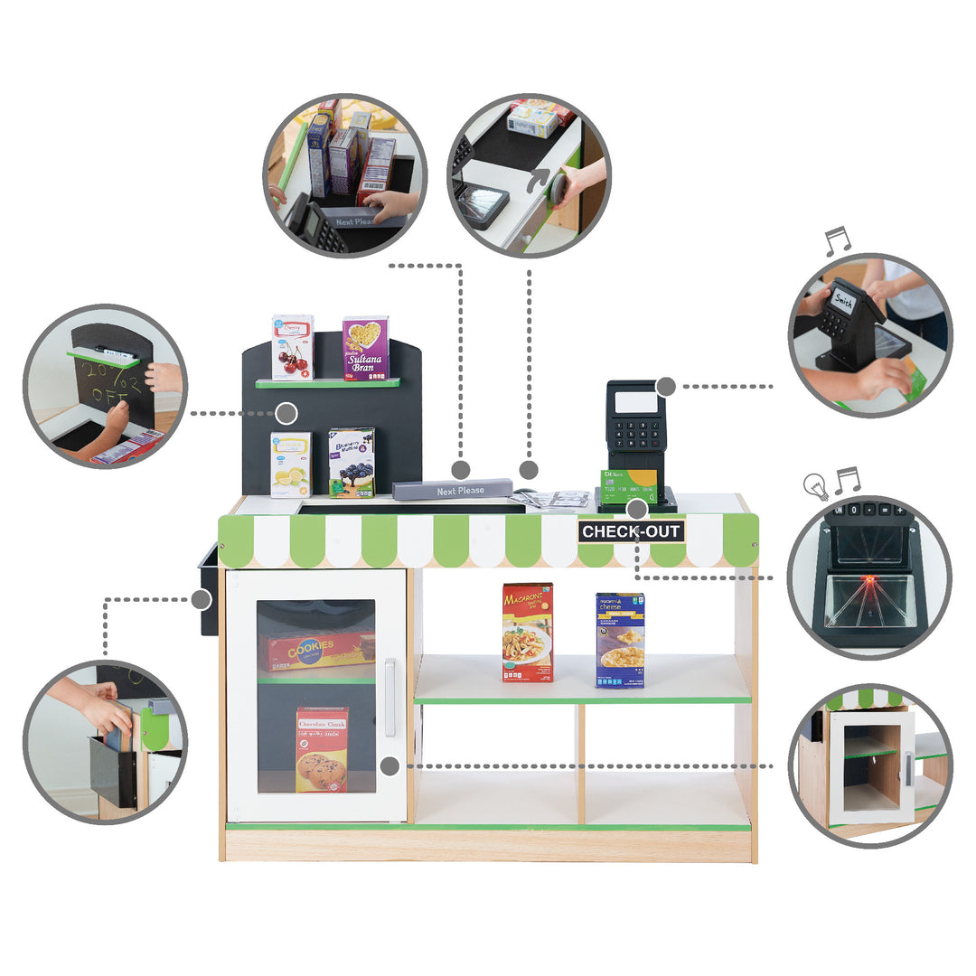 Teamson Kids Cashier Austin Play Market Checkout Counter at a market stand, with insets showing different steps of interaction such as item scanning and payment processing.