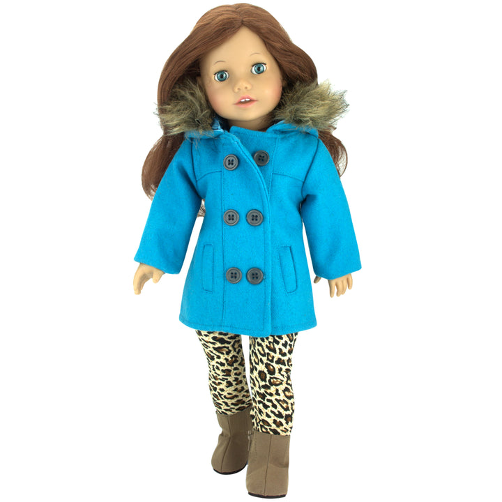 Sophia's 3 Piece Winter Set Includes faux fur Trimmed Pea Coat, Animal Print Leggings and Boots for 18" Dolls, Turquoise/Brown