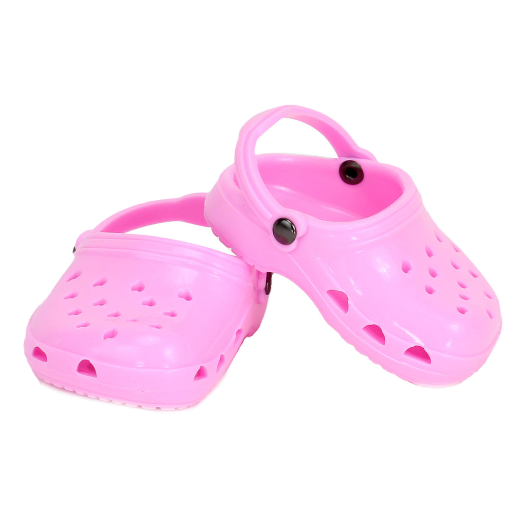 A pair of pink garden clogs for an 18" doll.