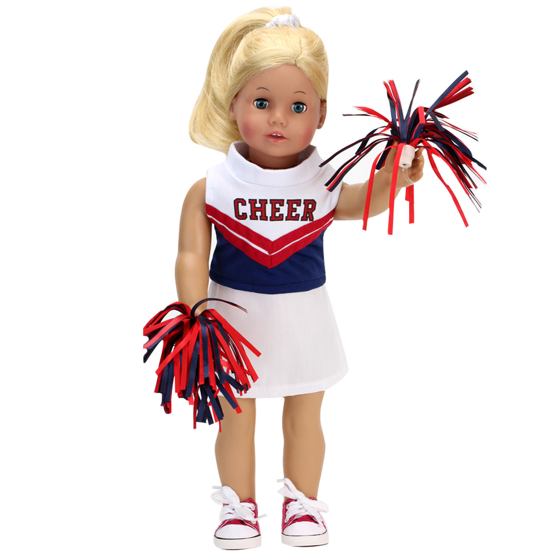 Sophia's 4 Piece Cheerleading Uniform with Pom Poms and Tennis Shoes for 18" Dolls, White/Red