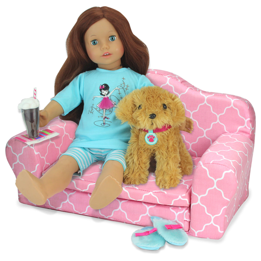 Sophia's 2-in-1 Plush Lattice-Printed Pull-Out Sofa Bed for Two 18'' Dolls, Pink